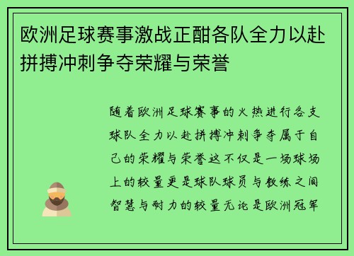 欧洲足球赛事激战正酣各队全力以赴拼搏冲刺争夺荣耀与荣誉