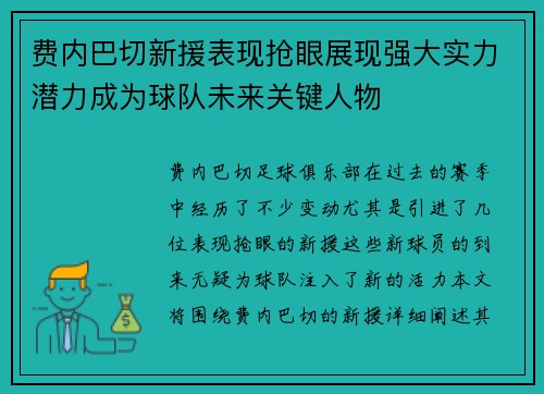 费内巴切新援表现抢眼展现强大实力潜力成为球队未来关键人物